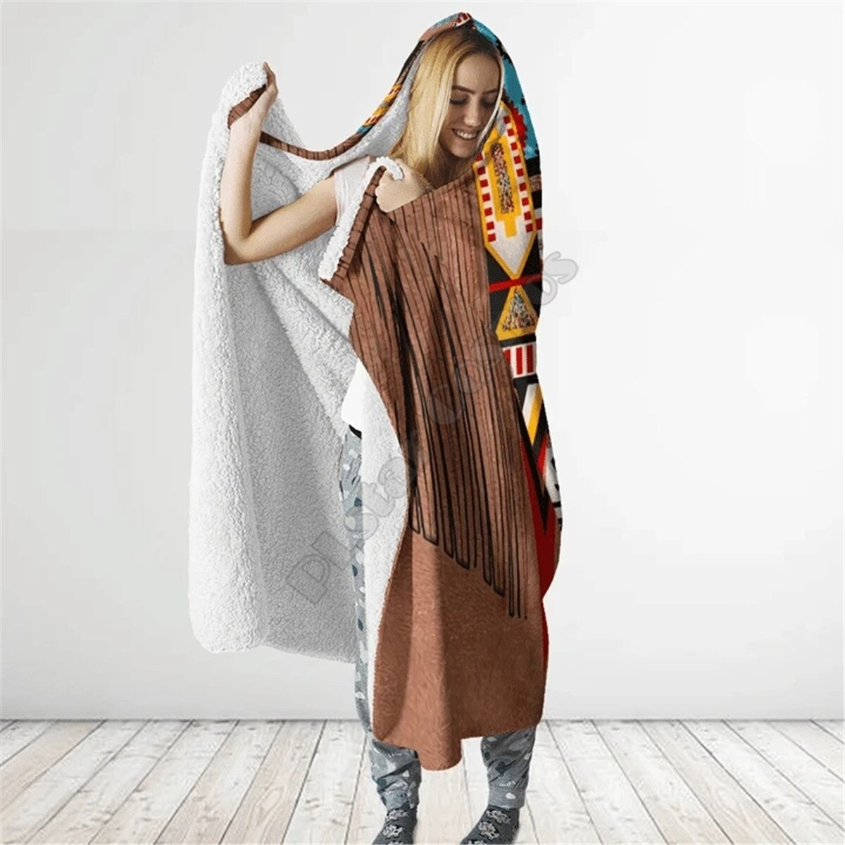 Native Skull Feather 3D All Over Printed Hooded Blanket Adult child Sherpa Fleece Wearable Blanket Microfiber Bedding 18