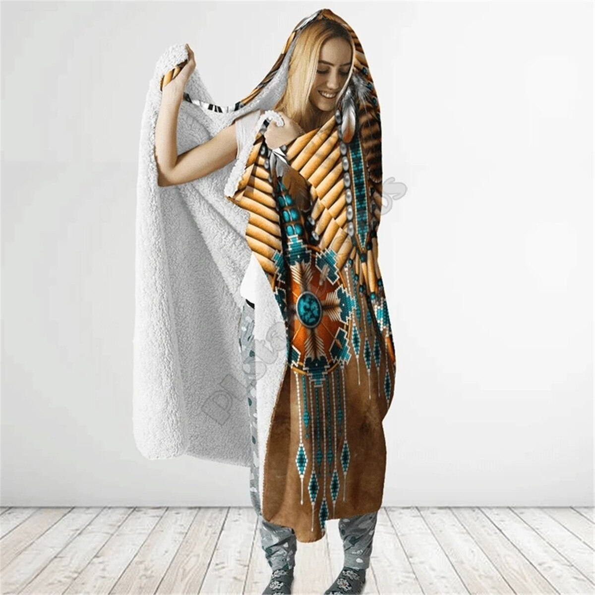 Native Skull Feather 3D All Over Printed Hooded Blanket Adult child Sherpa Fleece Wearable Blanket Microfiber Bedding 18