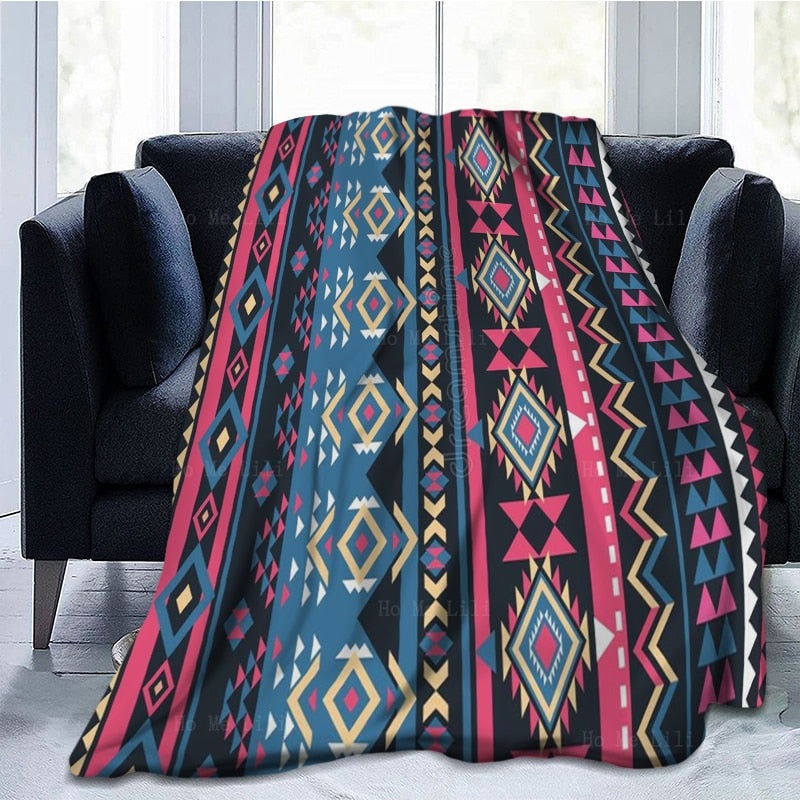 Ethnic Aztec American Native Tribal Indian Colorful Stripes Geometry Vintage Flannel Blanket Fit For Sofa Travel Office Camp Use